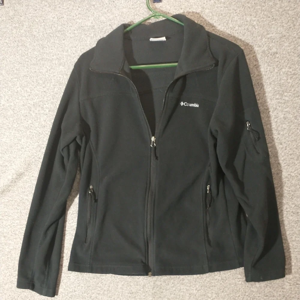 Columbia Mens Full Zip Fleece Jacket Black Mock Neck Large Zippered Pockets